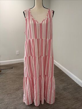 Tribal Pink and White Striped Tiered Maxi Dress
